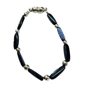 Navy Blue Sparkle Silvertone Bracelet 6.75 Inch Magnetic Clasp